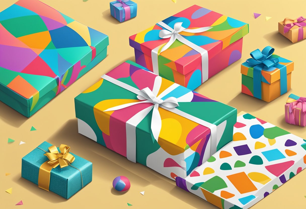 A corporate logo-branded gift box sits on a desk, surrounded by children's toys and colorful wrapping paper
