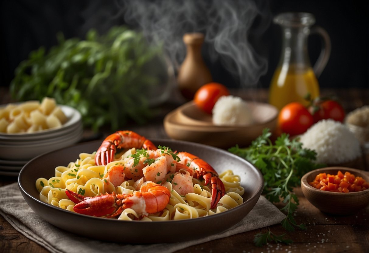 A steaming plate of lobster pasta surrounded by ingredients and a recipe book with "Frequently Asked Questions lobster pasta recipes" on the cover