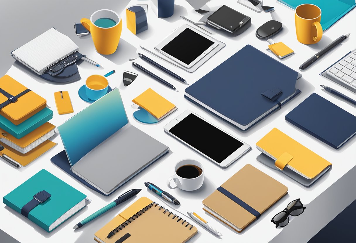 A table with various corporate gift items neatly arranged, including branded pens, notebooks, mugs, and tech accessories