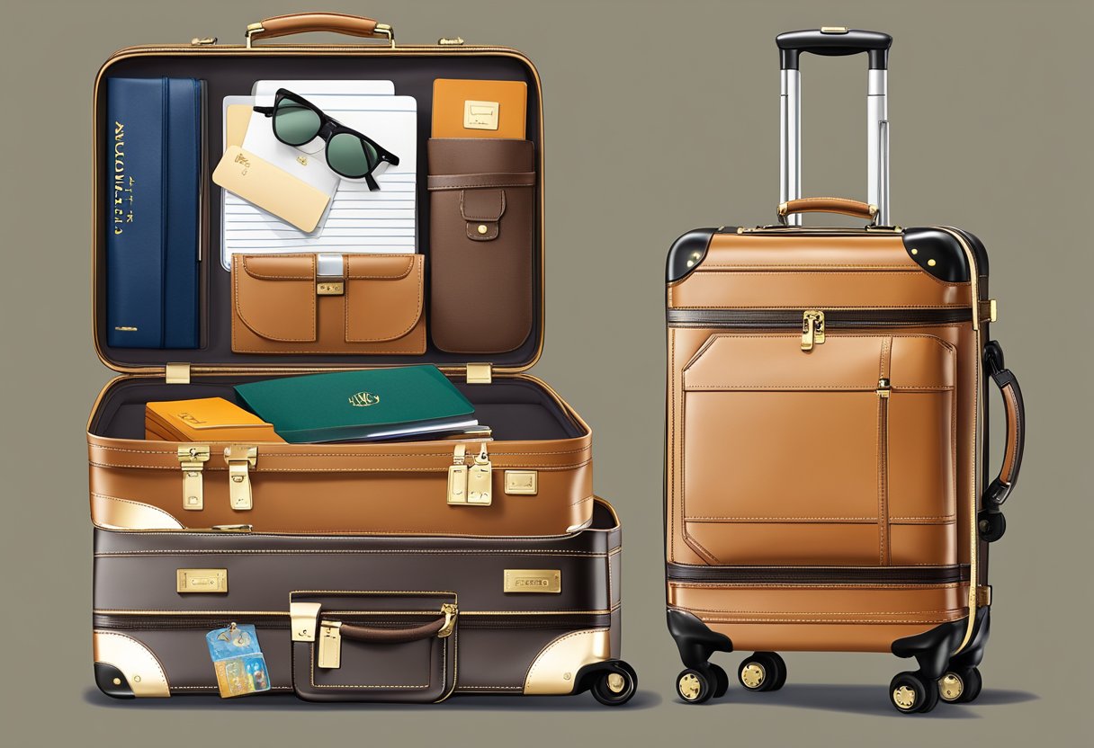 A sleek, custom-branded suitcase sits open, filled with high-end travel accessories and personalized gifts. A luxurious leather passport holder and a set of monogrammed luggage tags are prominently displayed