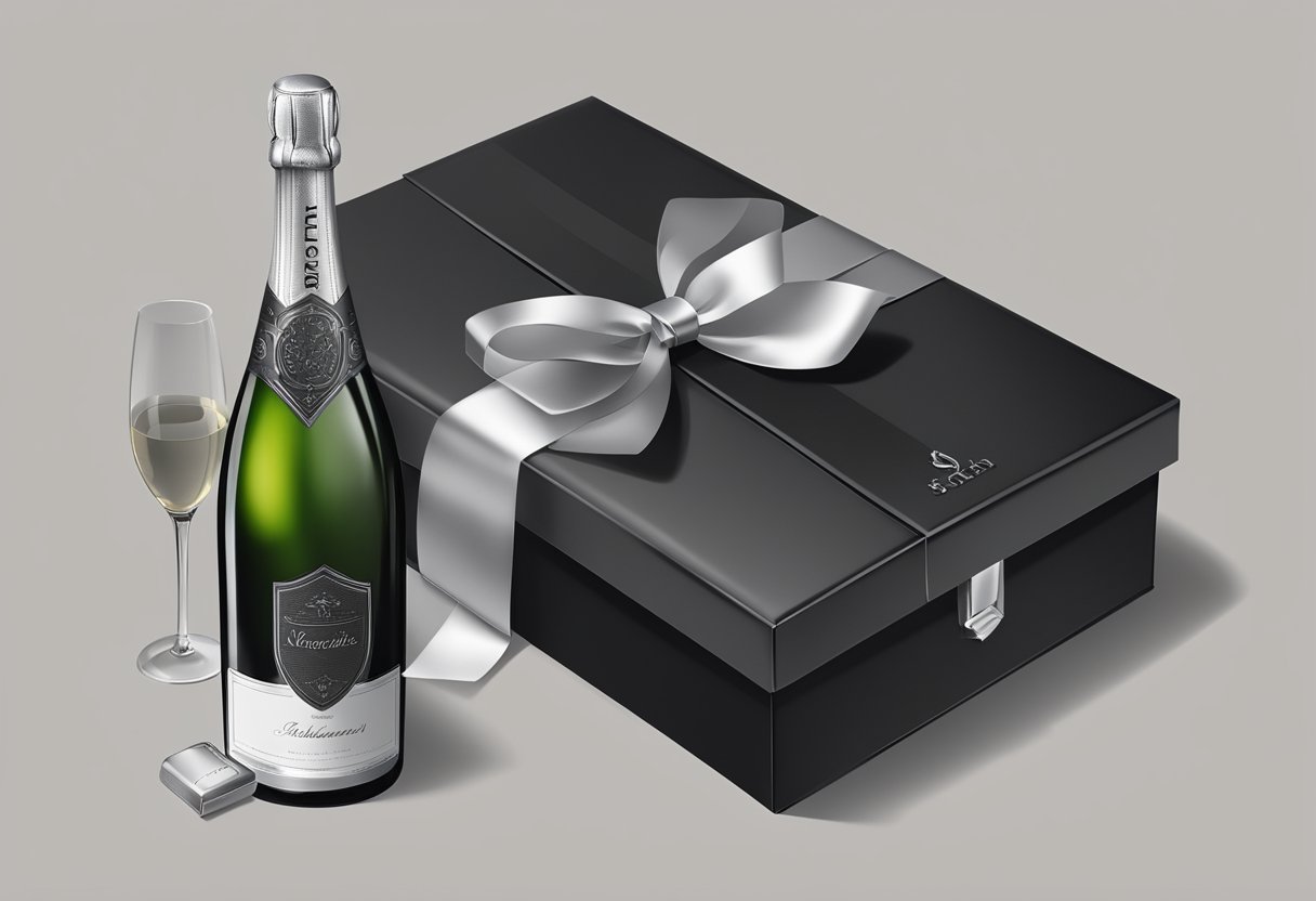A sleek black gift box with a silver ribbon, containing luxury items like a leather-bound journal, a high-quality pen, and a bottle of premium champagne