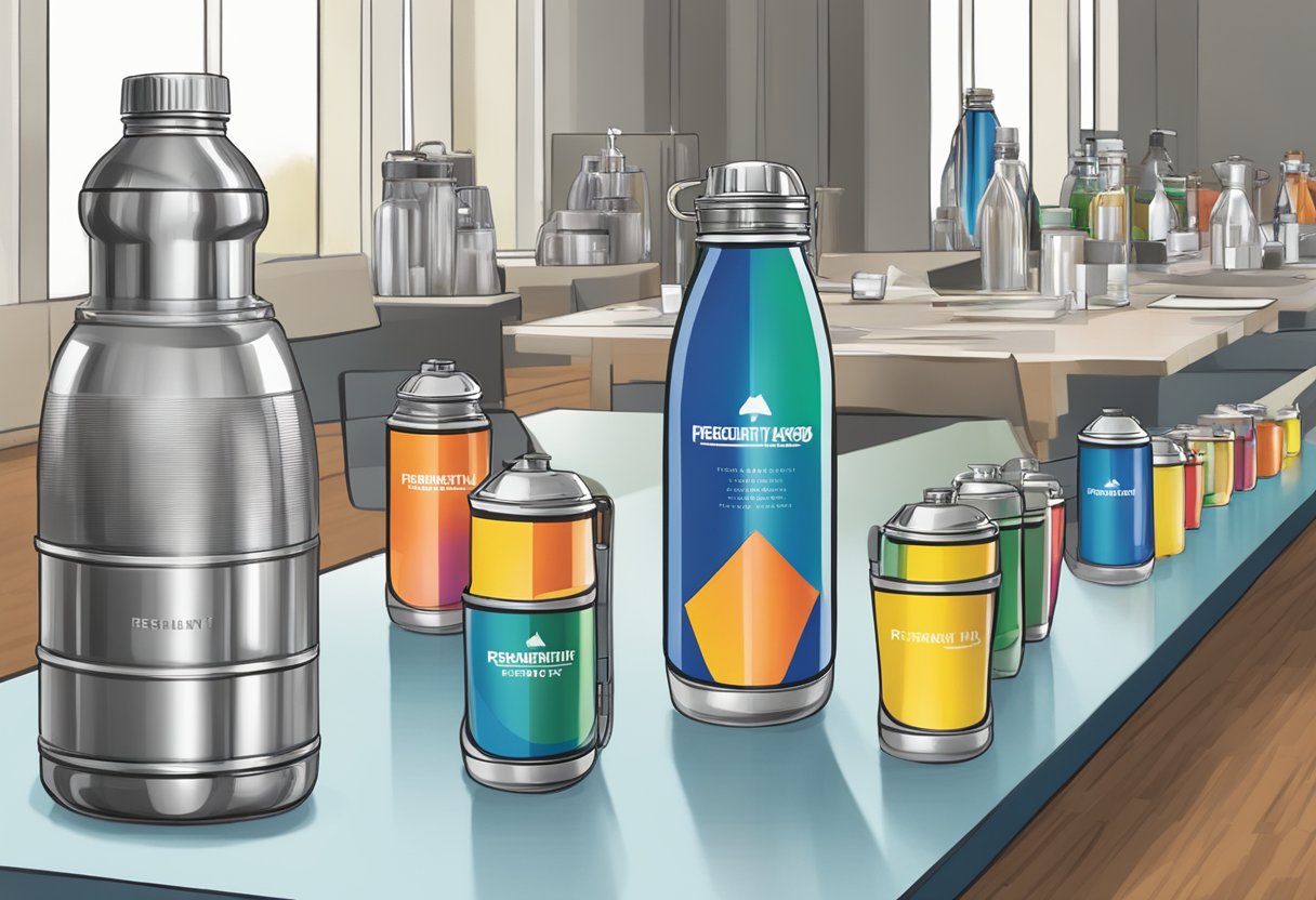 A table with various stainless steel water bottles, a sign with "Frequently Asked Questions corporate gifts" displayed prominently
