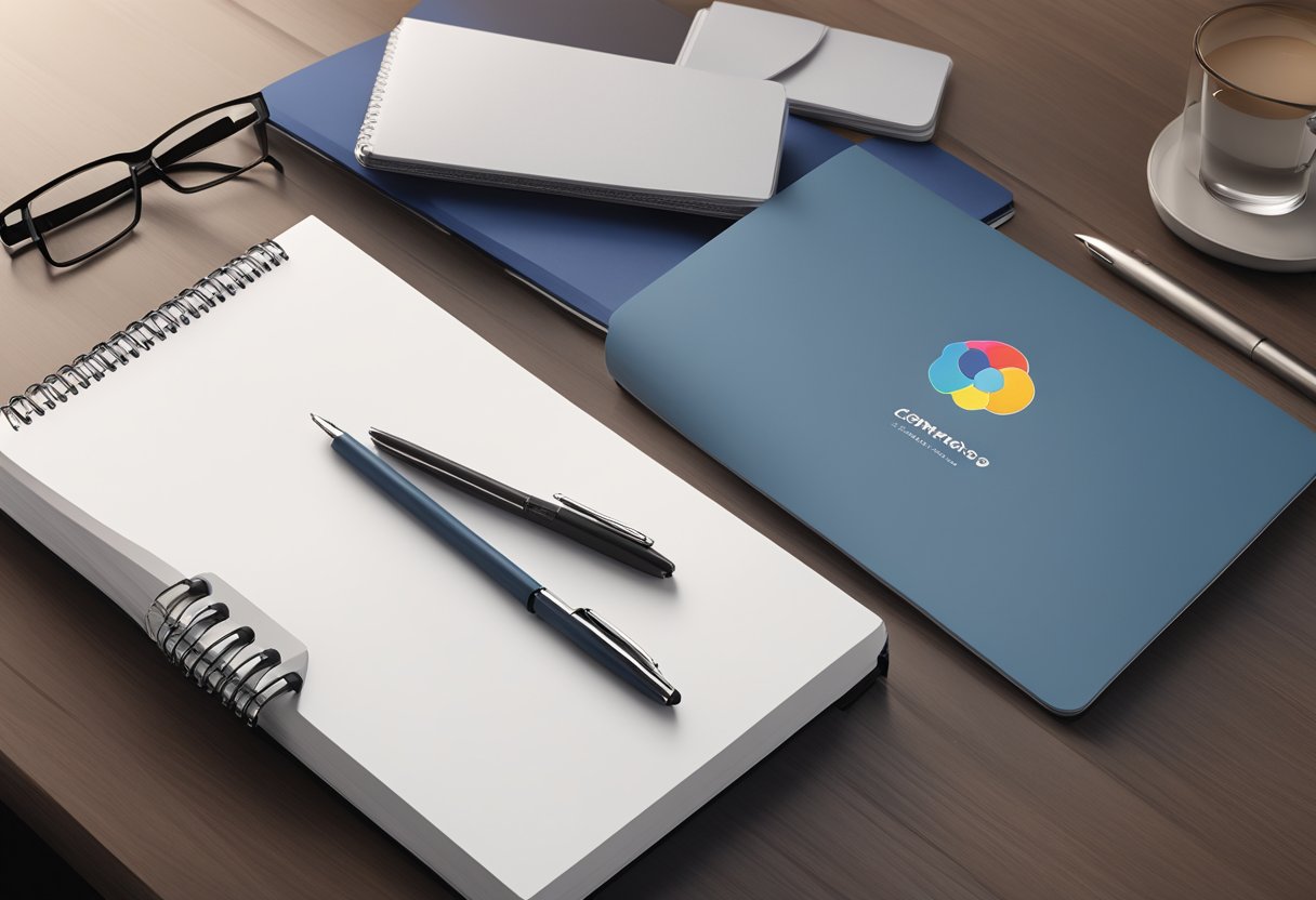 A corporate logo umbrella sits on a sleek desk next to a stack of branded notebooks and a pen set