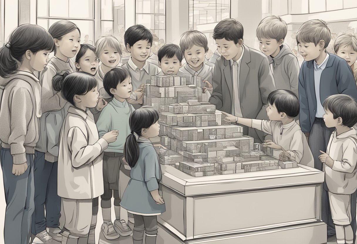 A group of children eagerly gather around a corporate gift display, asking questions and pointing to various items