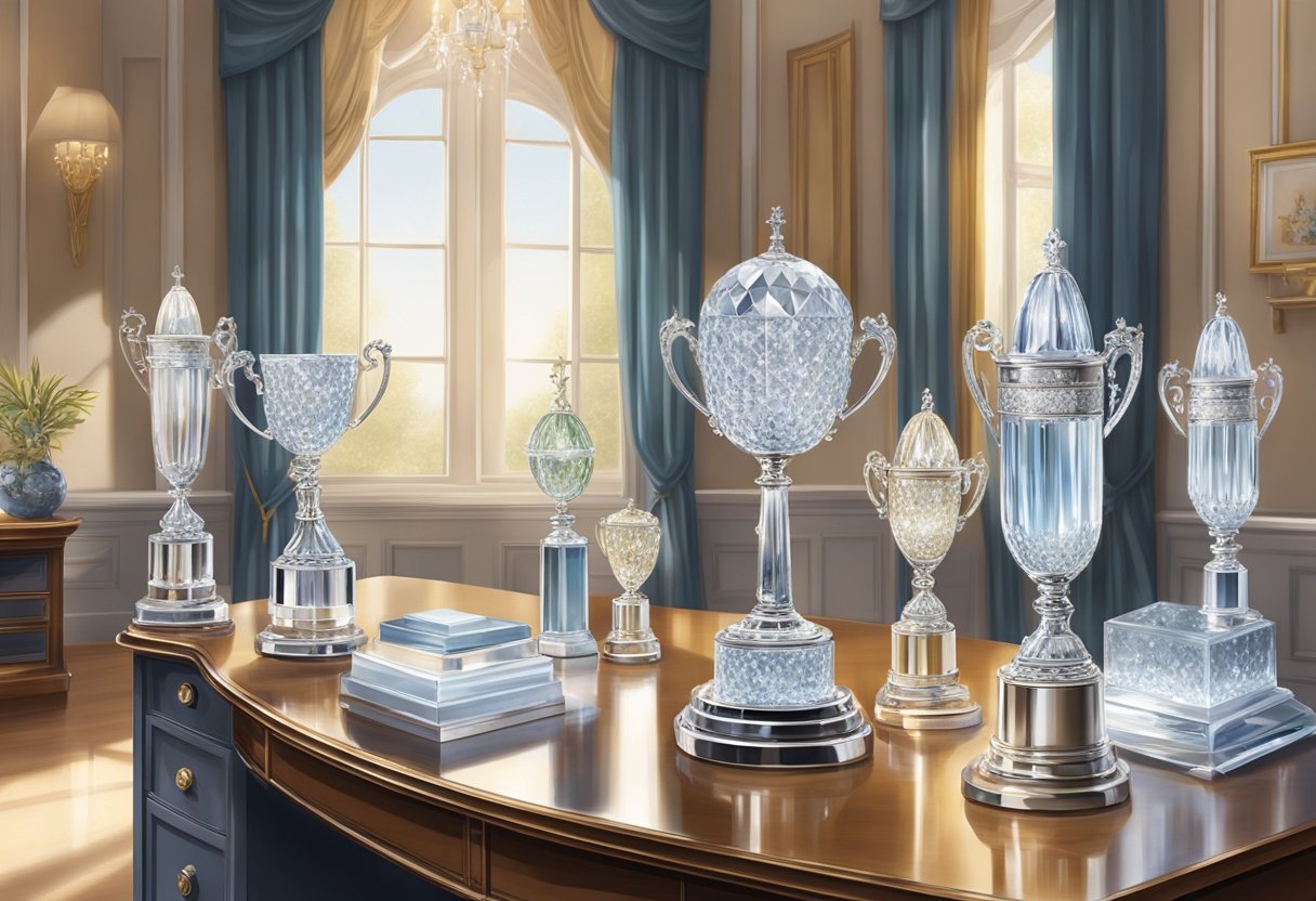 A sparkling crystal trophy gleams on a polished desk, surrounded by elegant crystal awards and plaques. The room is bathed in soft, natural light, highlighting the exquisite craftsmanship of the corporate gifts