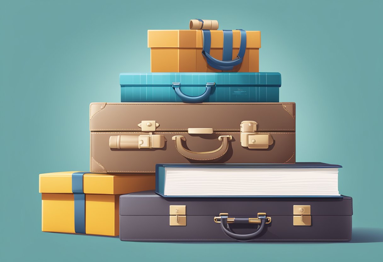 A stack of FAQ booklets next to a branded corporate gift box, with a traveler's suitcase in the background