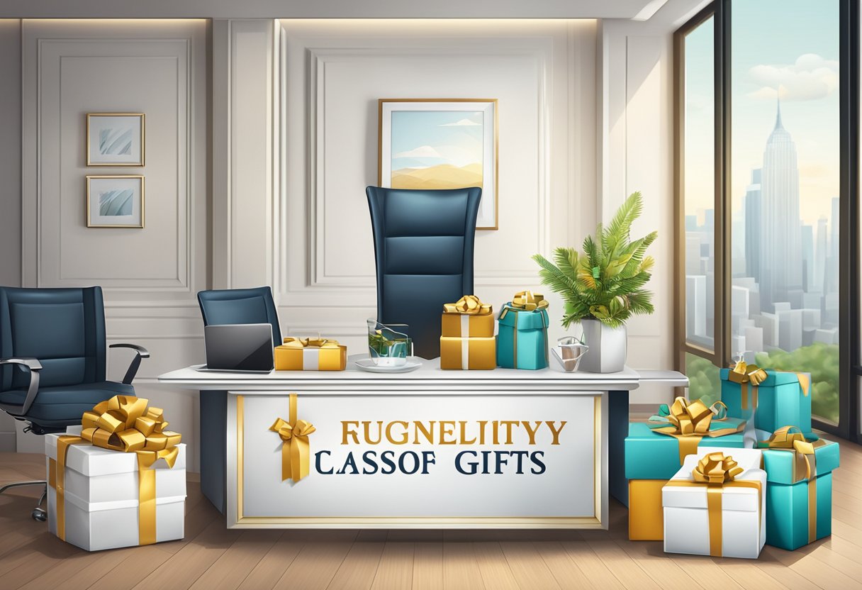 A table adorned with elegant gifts, a banner reading "Frequently Asked Questions classy corporate gifts" in a sophisticated office setting