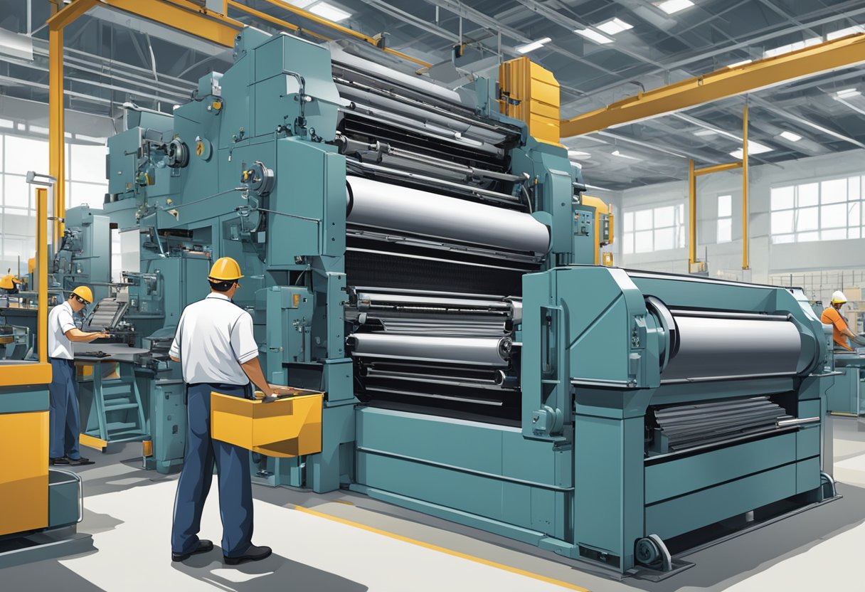 A large printing press producing corporate calendars in a bright, clean facility with workers overseeing the process