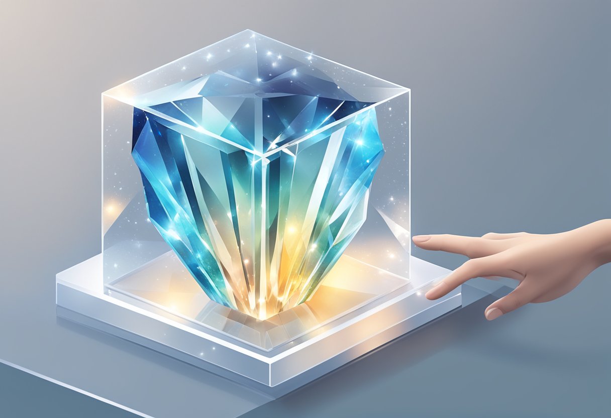 A hand reaches out to select a sparkling crystal gift from a display, surrounded by elegant corporate branding