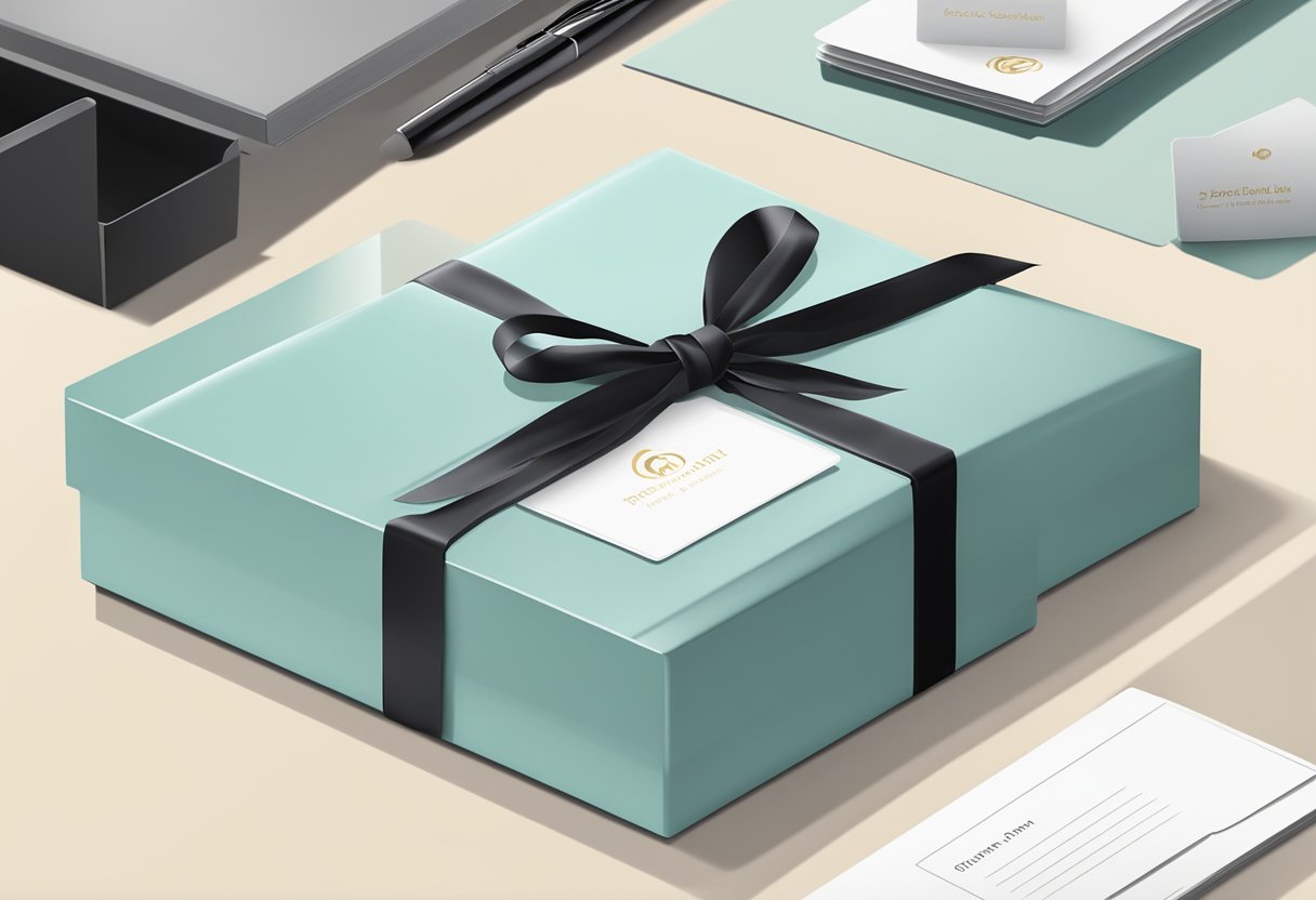 A sleek corporate gift box sits on a polished desk, adorned with a simple ribbon and a small, elegant card
