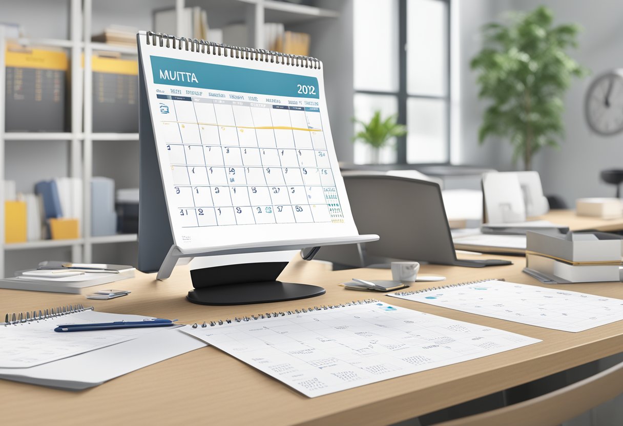 A large desk calendar sits open on a pristine office desk, with important dates and events clearly marked. The company logo is prominently displayed on each page
