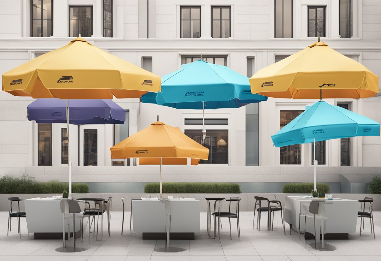 A group of branded umbrellas displayed on a sleek corporate gift table