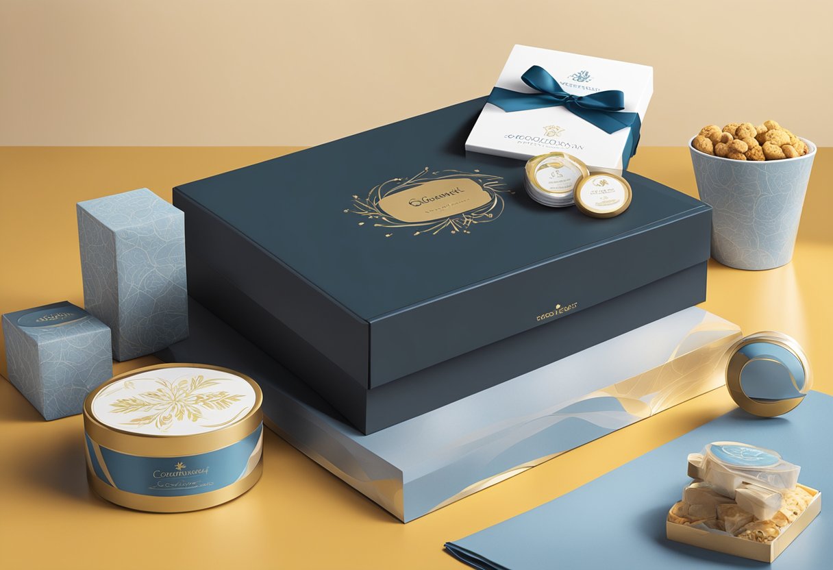 A corporate gift box sits on a polished desk, adorned with a sleek ribbon and a personalized company logo. The box is filled with high-quality items, such as gourmet treats and branded merchandise, creating a sense of appreciation and value for the recipient