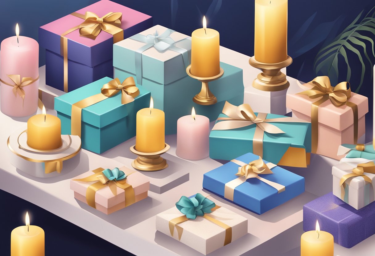A table adorned with branded candles, surrounded by gift boxes and marketing materials