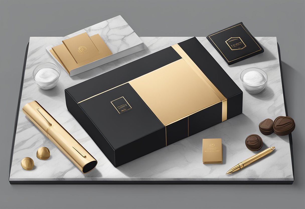 A sleek black gift box sits on a marble table, filled with luxury items like branded notebooks, gourmet chocolates, and a personalized pen