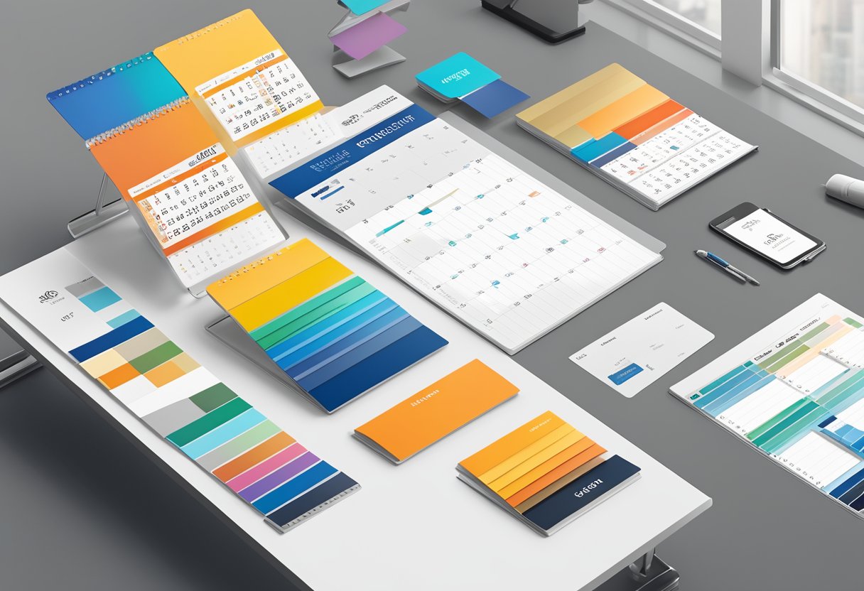 A sleek desk with a custom branded calendar, surrounded by various branding options like color swatches, logo samples, and font choices