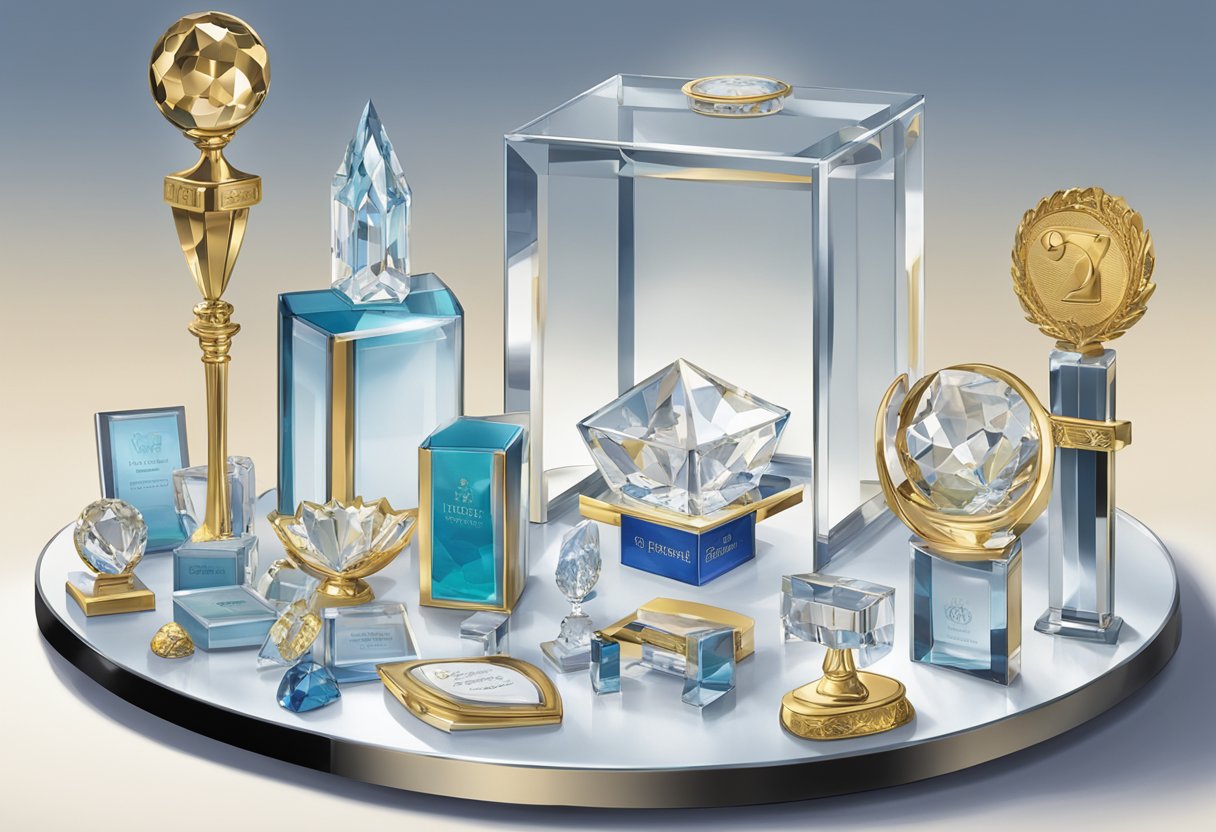 A table with various crystal corporate gifts displayed, including awards, plaques, and desk accessories. A sign with "Frequently Asked Questions" is visible