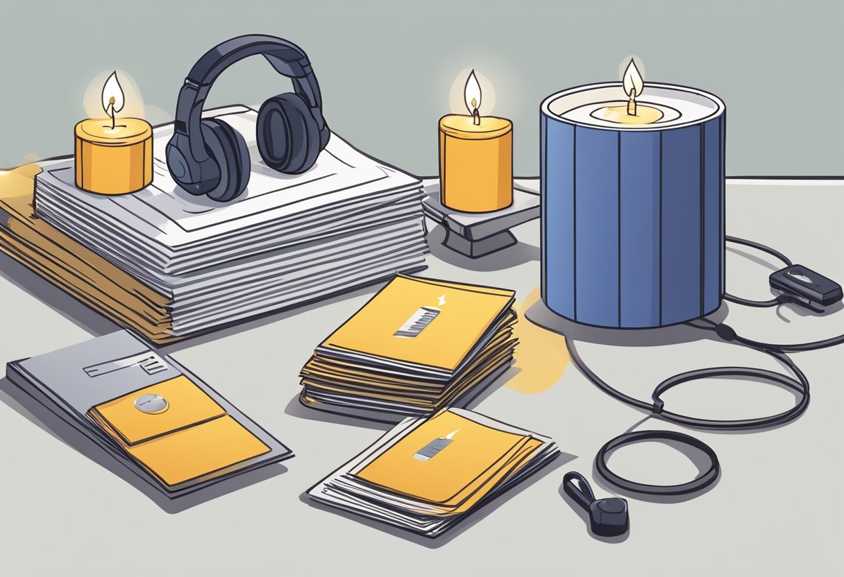 A table with neatly arranged corporate gift candles, surrounded by a stack of FAQ cards and a customer service representative's headset