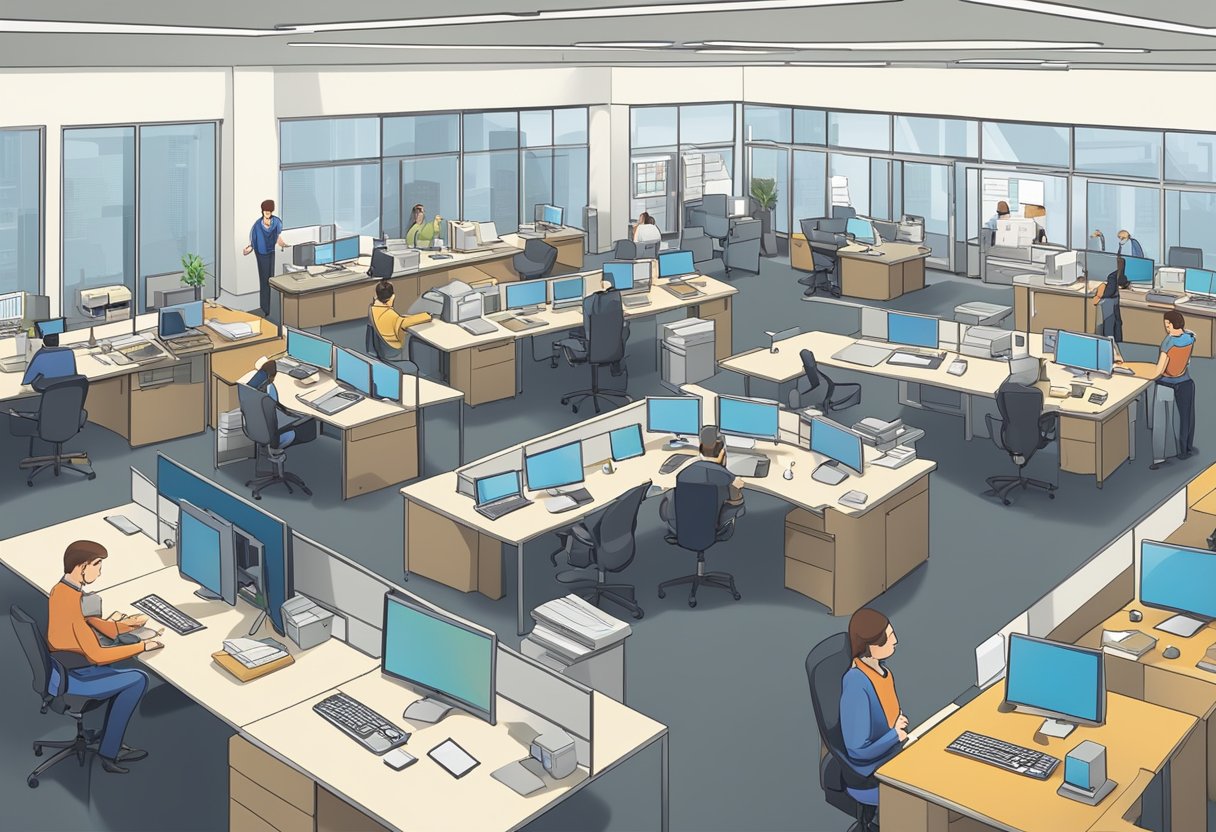 A busy office with employees discussing and planning the layout for a corporate calendar printing project. Multiple computers and printers are visible, along with stacks of paper and design mock-ups
