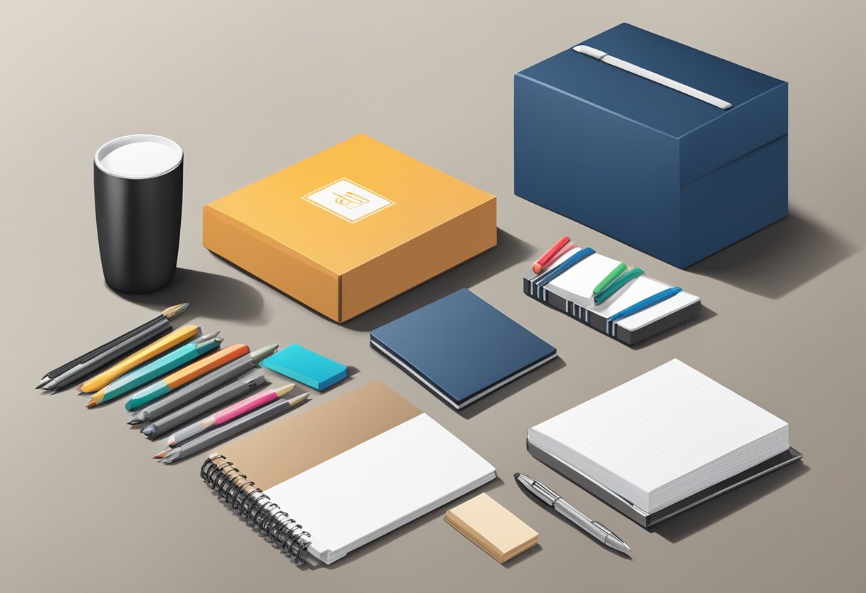 A sleek corporate gift box surrounded by various office supplies and a stack of branded notepads