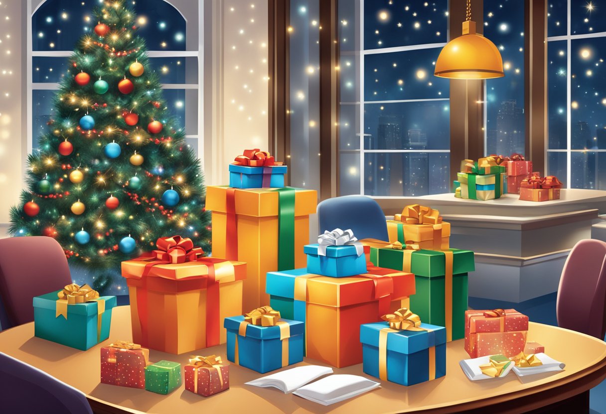 A table adorned with festive corporate holiday gifts, including wrapped boxes, gift baskets, and branded merchandise. A backdrop of twinkling lights and a corporate logo adds to the scene