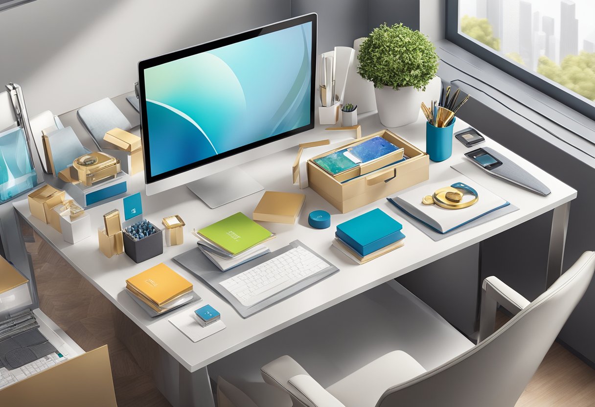 A table adorned with elegant corporate gifts, including branded items and luxury products, displayed in a professional office setting