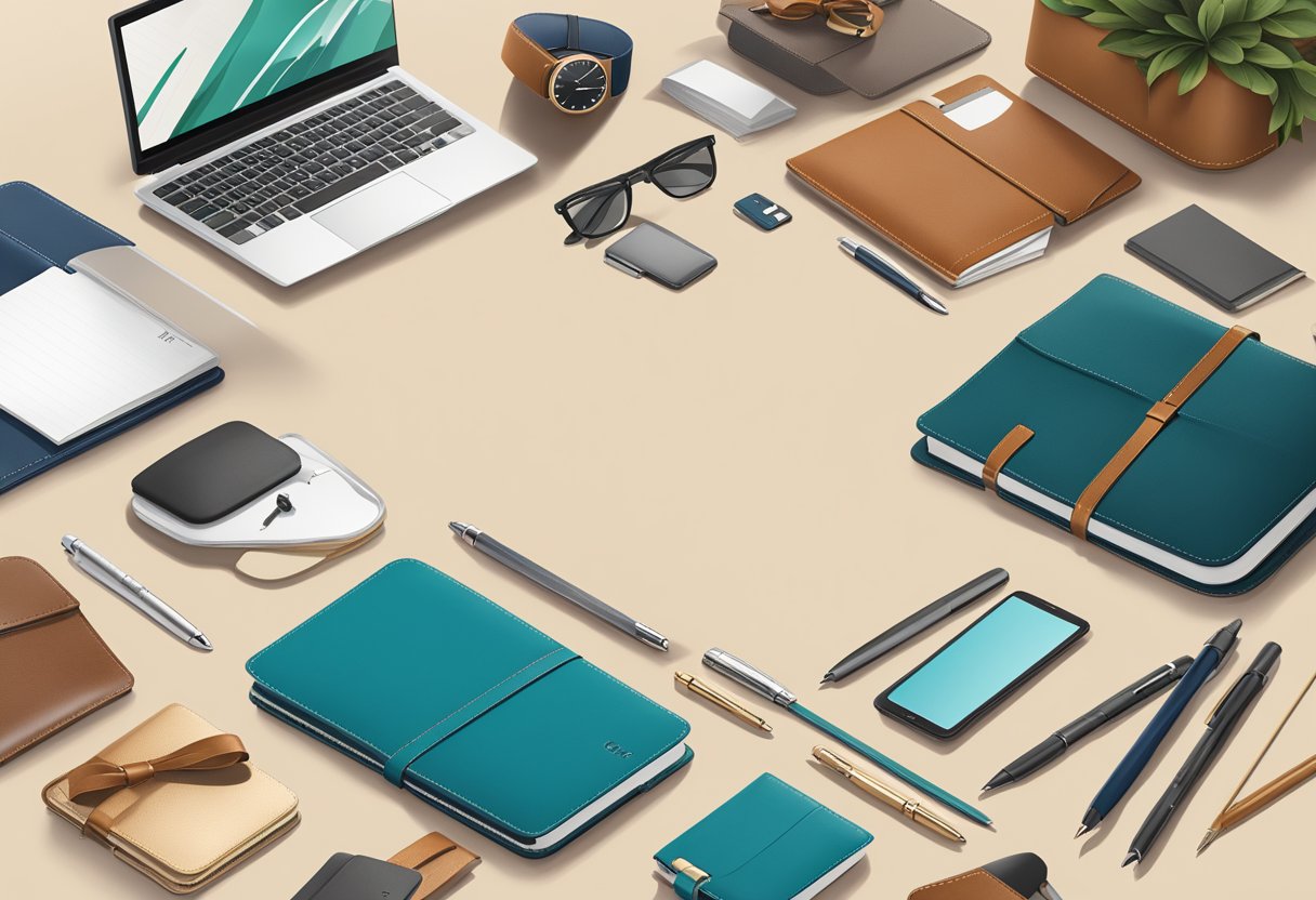 A table adorned with elegant corporate holiday gifts: branded pens, leather notebooks, and sleek tech gadgets