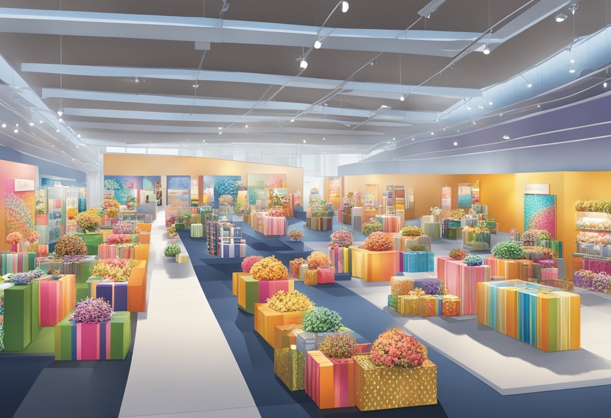 A large, well-lit exhibition hall filled with rows of elegantly displayed corporate gifts, from branded merchandise to luxury items. Brightly colored banners and signs adorn the space, creating a festive and professional atmosphere