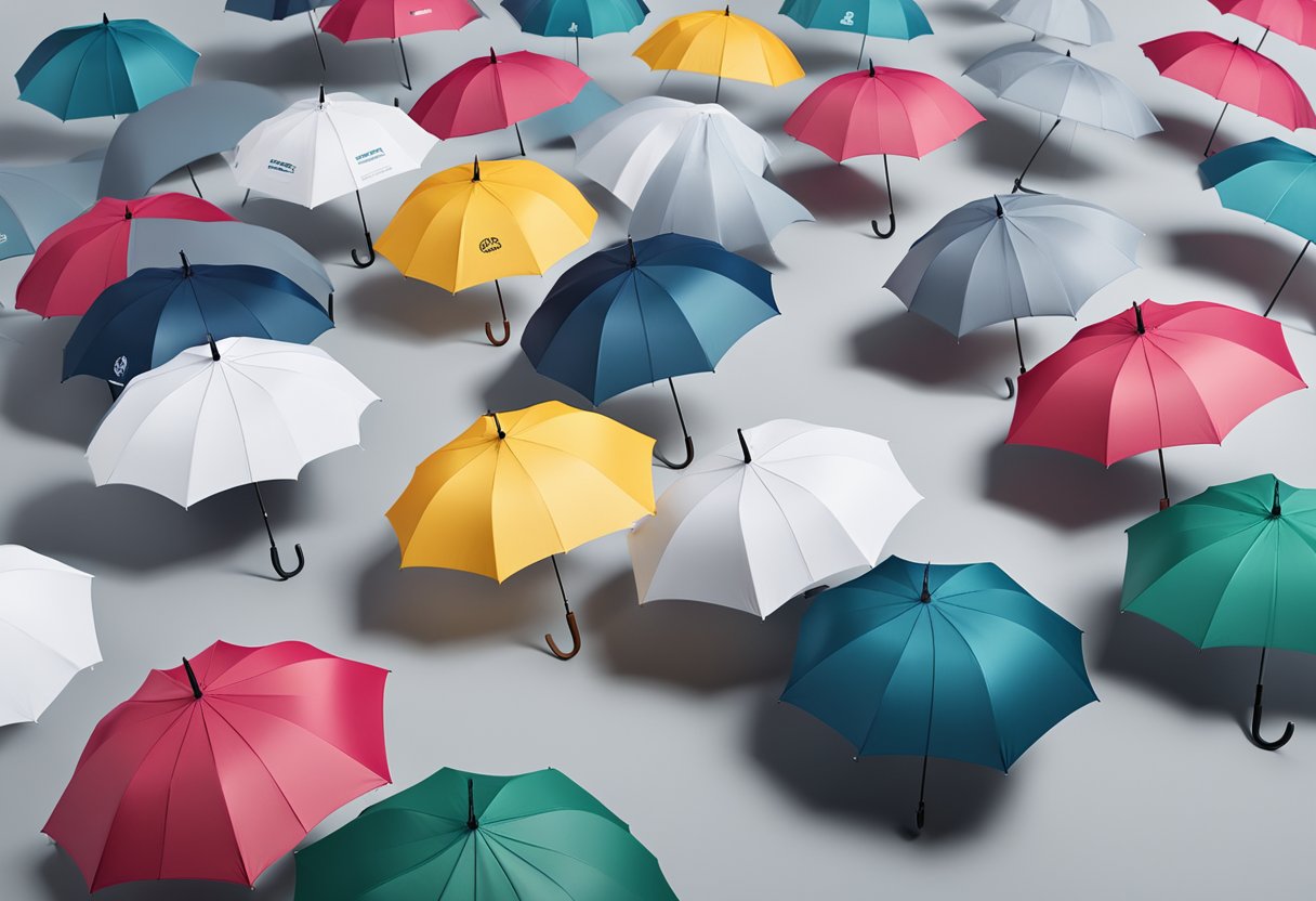 A stack of branded umbrellas with "Frequently Asked Questions corporate gifts" printed on them, displayed on a sleek, modern table