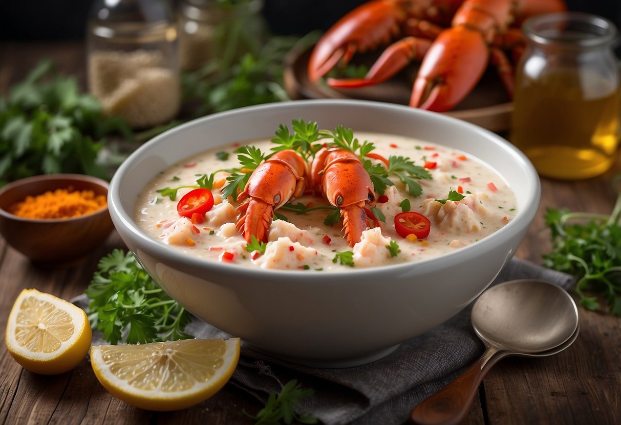 A steaming bowl of lobster porridge sits on a rustic wooden table, garnished with fresh herbs and surrounded by colorful spices and condiments