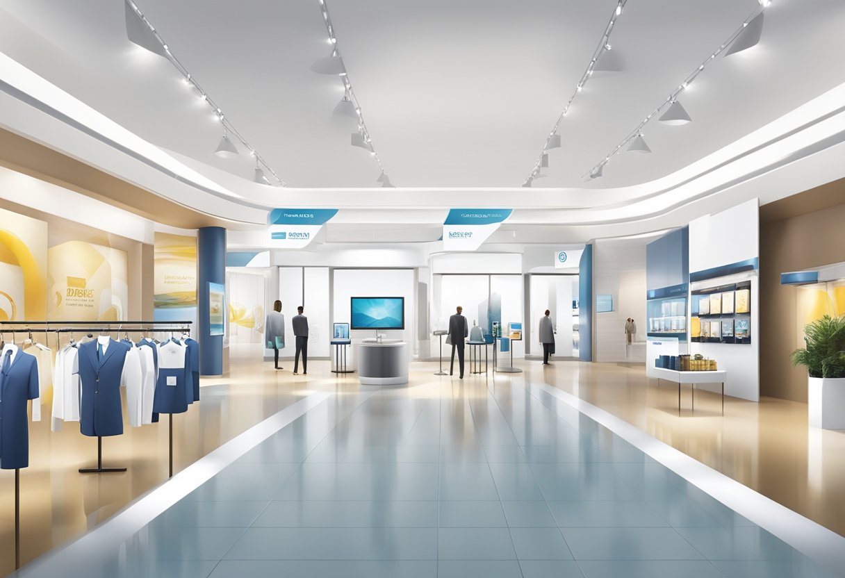 A spacious, well-lit exhibition hall filled with elegant corporate gifts displayed on sleek, modern stands. Bright banners and professional signage adorn the walls, creating a polished and sophisticated atmosphere