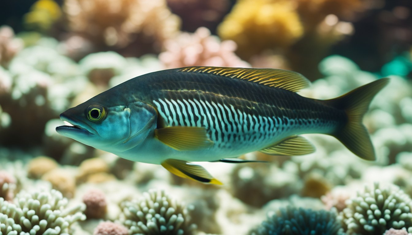 A loup fish swims gracefully through a bed of colorful coral, its sleek body shimmering in the dappled sunlight filtering through the clear ocean water