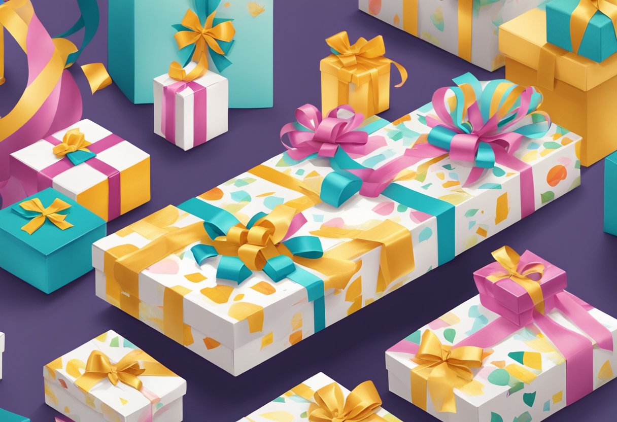 A table adorned with branded gift boxes, ribbons, and cards, surrounded by cheerful employees
