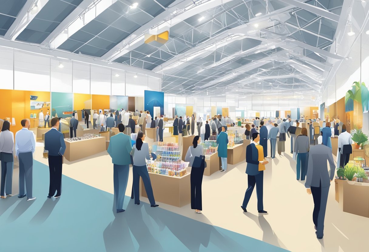 A bustling exhibition hall filled with high-quality corporate gifts on display, attracting attention from eager attendees