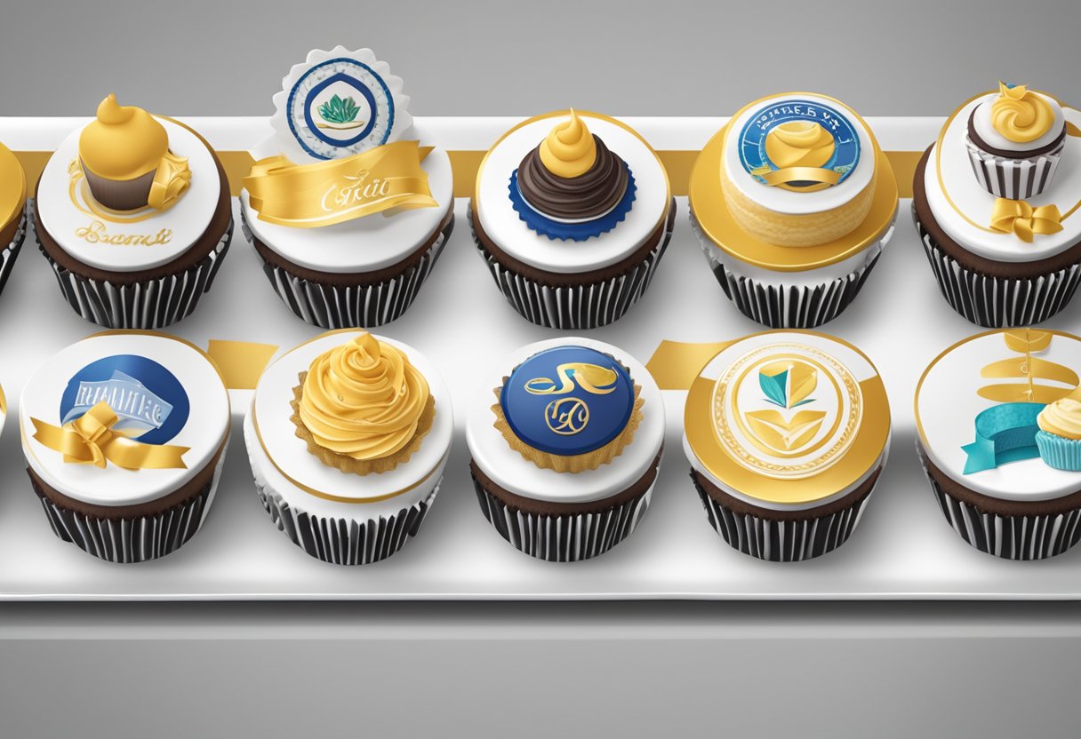 A table displays a variety of beautifully decorated cupcakes with corporate logos and designs. The cupcakes are arranged on a sleek, modern platter with elegant packaging and ribbons