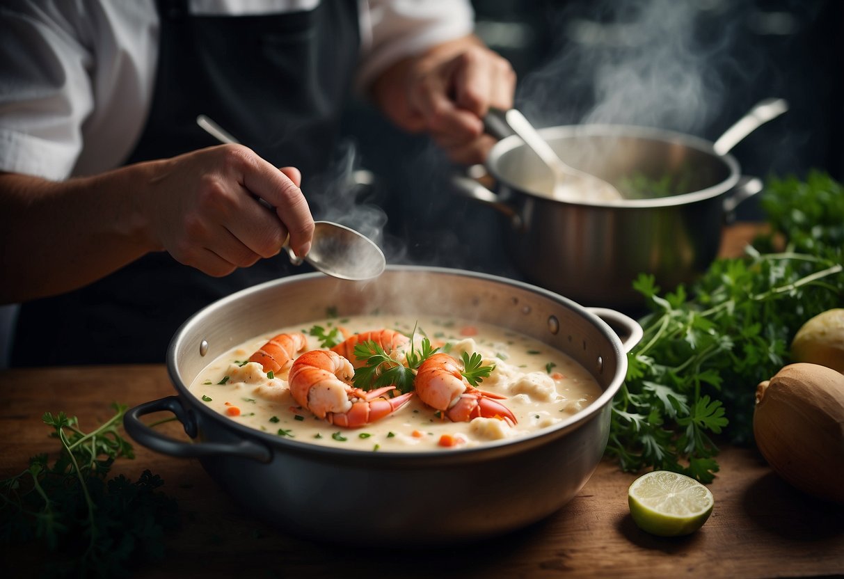 A chef stirs a bubbling pot of creamy lobster porridge, garnishing with fresh herbs and a squeeze of lime
