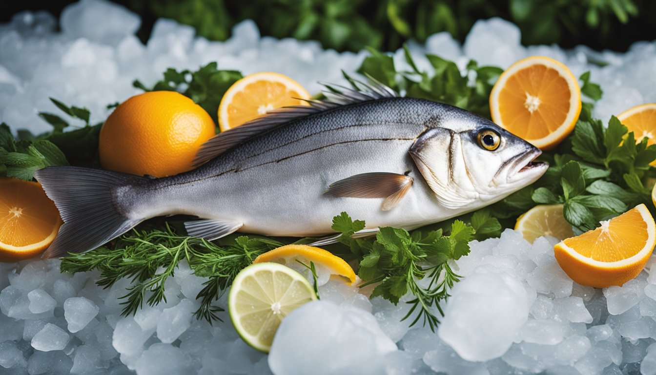 A whole loup fish lies on a bed of ice, surrounded by vibrant herbs and citrus fruits, ready to be prepared for a gourmet meal