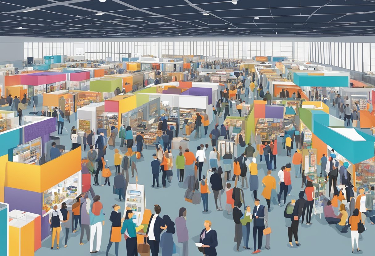 A bustling exhibition hall filled with corporate gifts, attendees browsing displays, and vendors engaging with potential clients