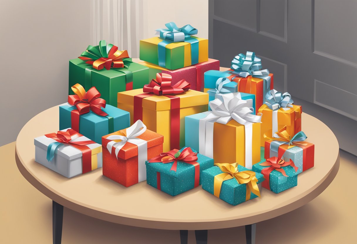 A table adorned with custom corporate holiday gifts. Wrapped packages, branded items, and festive decorations create a cheerful display