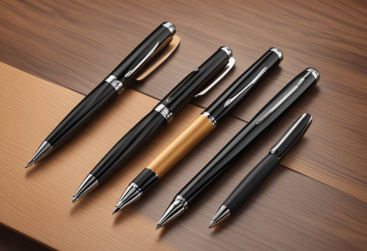 A sleek black pen gift set displayed on a polished wooden desk with a corporate logo embossed on each pen