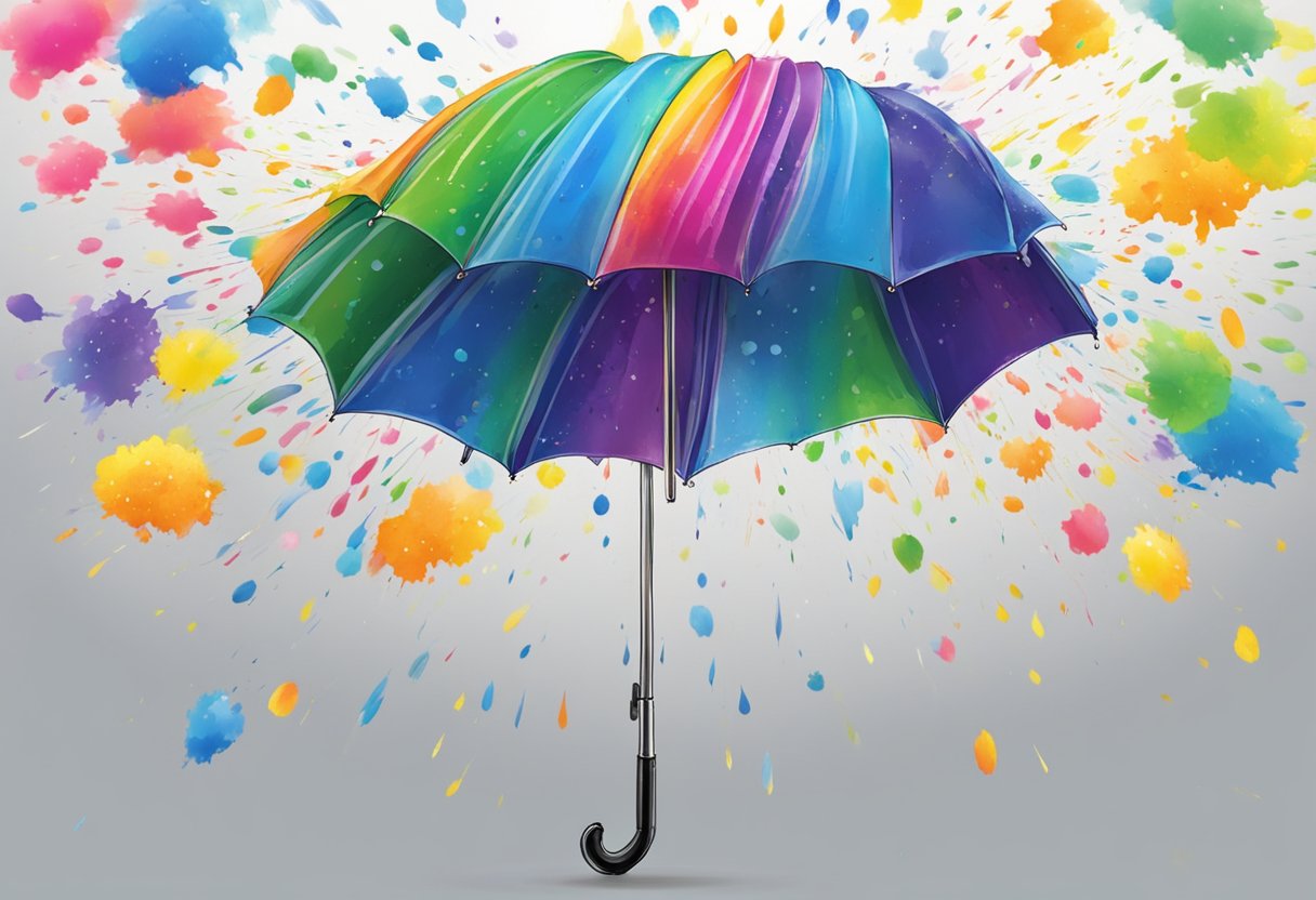Rainbow umbrella spinning, ink splattering