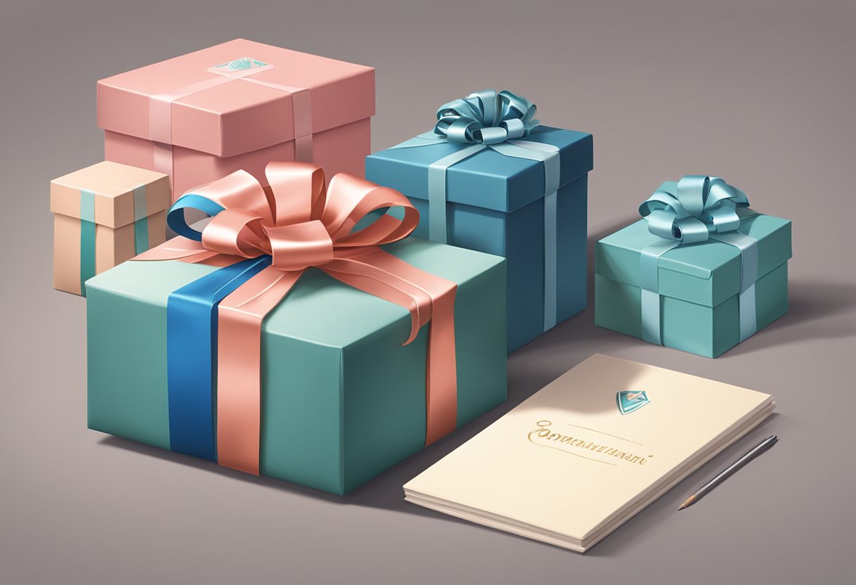 A beautifully wrapped gift box sits on a desk, adorned with the company's logo. A ribbon with the company's colors is tied neatly around the box, and a personalized note is tucked underneath