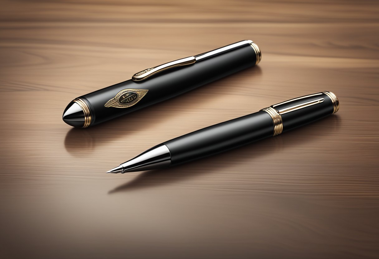 A sleek black pen and matching leather case, embossed with the company's logo, displayed on a polished wooden desk