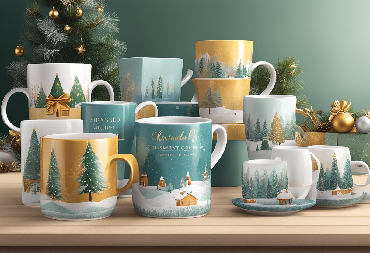 A table displays corporate Christmas gift ideas: branded mugs, gourmet gift baskets, and personalized stationary sets