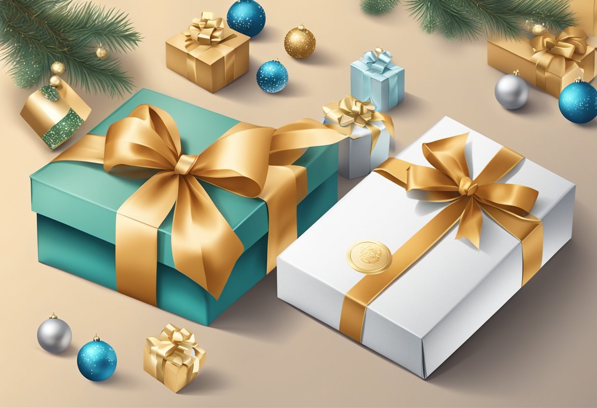 A hand reaches for a beautifully wrapped gift box with a custom corporate logo, surrounded by festive decorations and elegant packaging