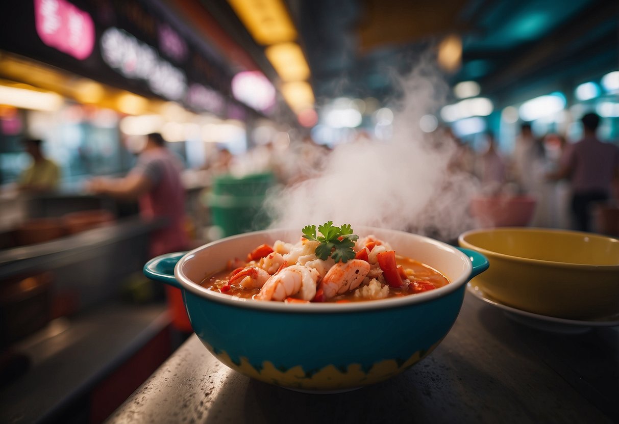 A steaming bowl of lobster porridge sits on a table in a bustling Singapore hawker center, surrounded by colorful food stalls and bustling crowds