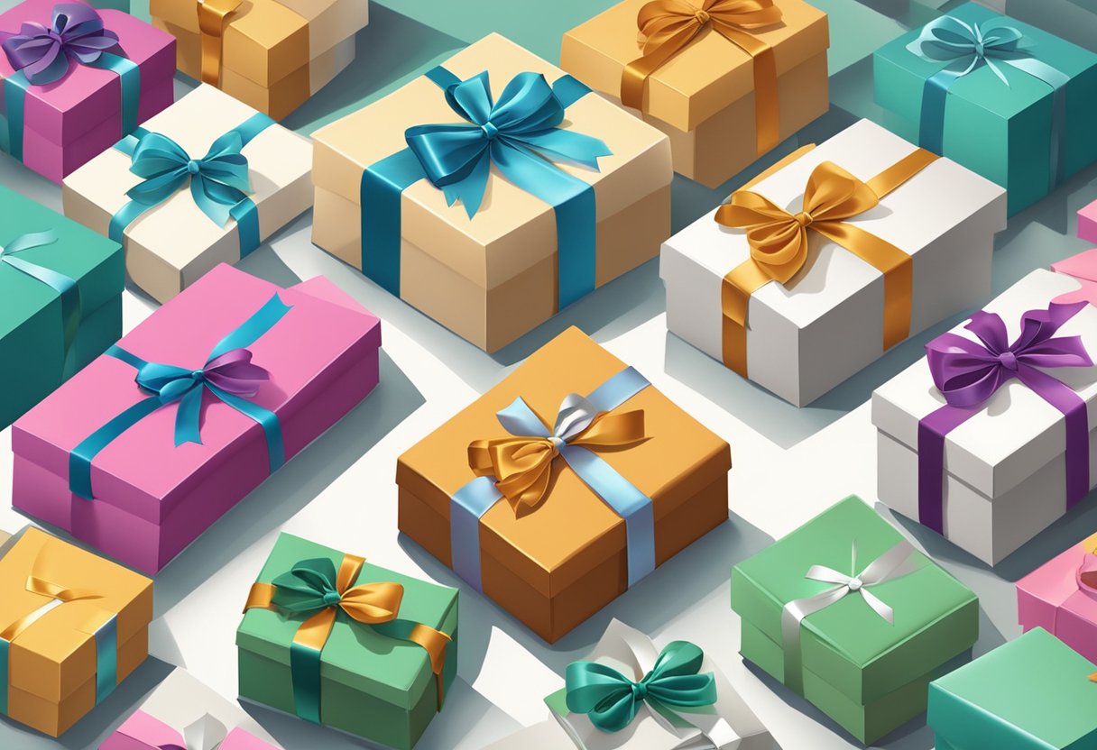 A table adorned with elegant gift boxes and ribbons, each bearing a corporate logo, surrounded by a group of smiling colleagues