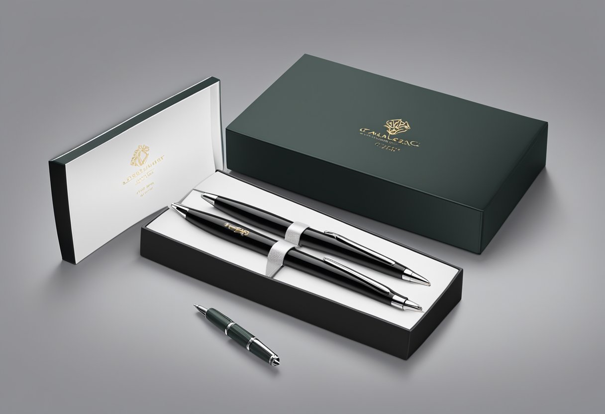 A sleek black pen set displayed on a velvet-lined box with the company logo engraved. Elegant packaging and a matching color scheme
