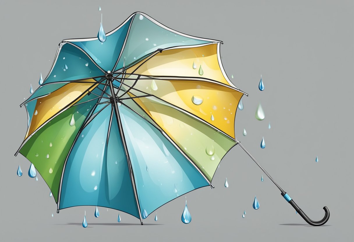 Raindrops falling on open umbrella, with water-resistant fabric and metal frame, ready for printing techniques