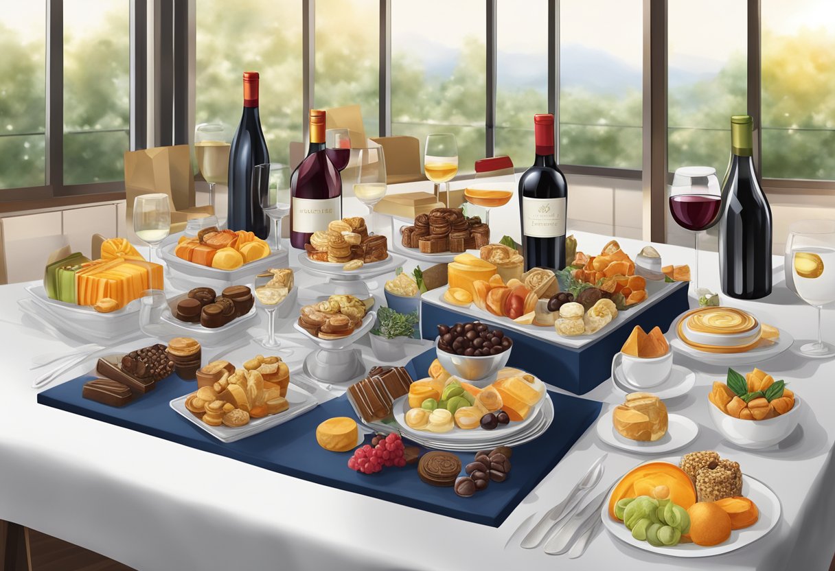 A table adorned with elegant corporate gift hampers, filled with gourmet treats, fine wines, and luxurious products